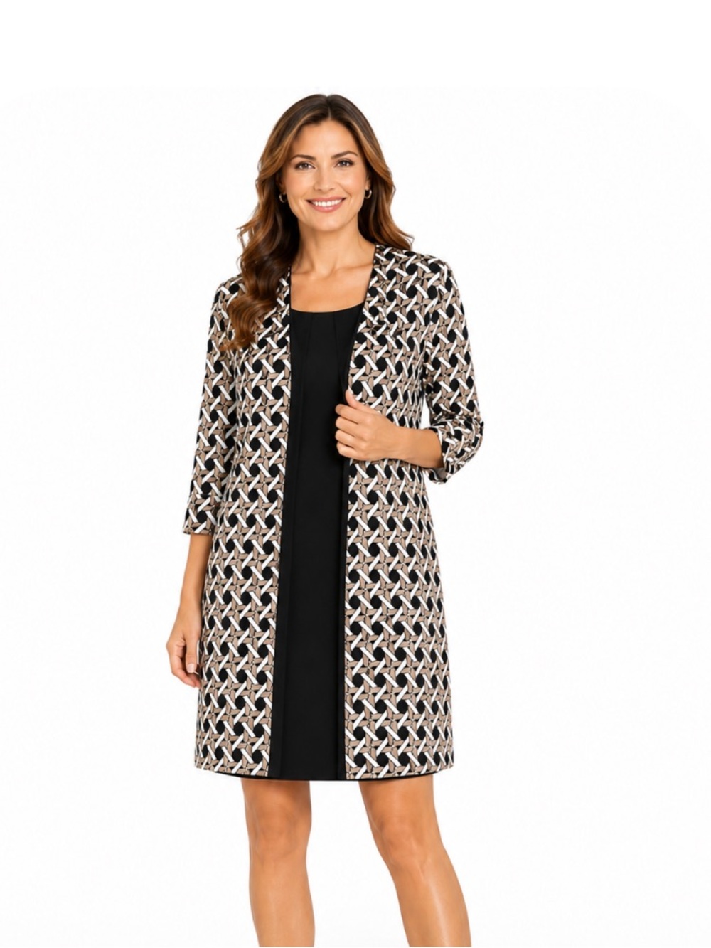 PERCEPTIONS Black Overlay Geometric Patterned Cardigan 2 PC  Pullover Dress NWOT